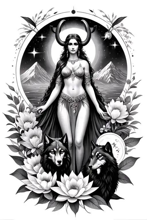 Aries Goddess Surrounded By Poeny And Lotus Flowers With A Black Wolf and hawk And Mountains Range and mars stars insky  tattoo design idea