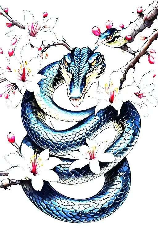 snake that is slithering in a cherry blossom branch that is covered with kintsugi with some spider lilies and black wido tattoo design idea