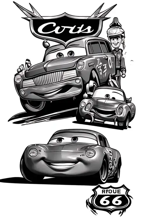 lightning mcqueen, tow mater and doc hudson riding route 66 tattoo design idea