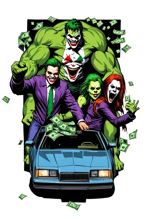 characters joker, hulk, chucky, & scream robbing a bank leaving in getaway car dropping cash tattoo design idea