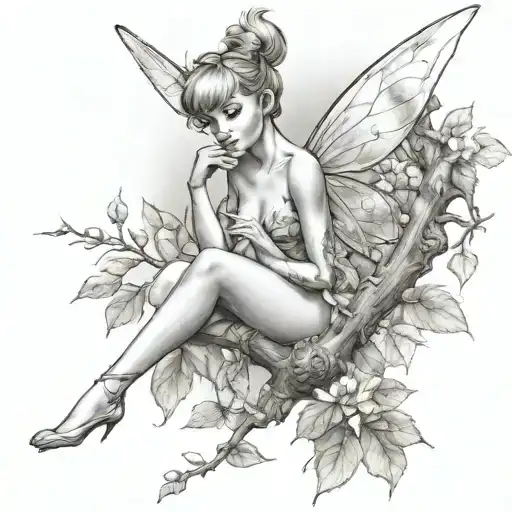 naughty,nude,sexy,on a branch,realism,tinker bell tattoo design idea
