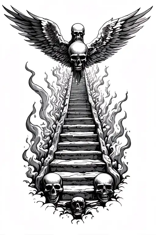 Black and white tattoo stencil of the stairway to heaven with skulls and the firery depths of hell at the base up at the tattoo design idea
