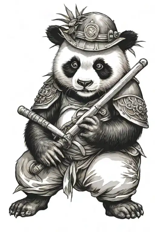 panda in samurai helmet holding a katana surrounded by bamboo shoot and blood tattoo design idea
