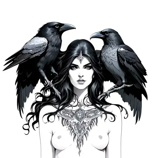Morrigan with her raven, a tripple goddess, similar in style to a tarot card tattoo design idea
