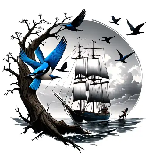 oak tree half dead blue jay and other birds flying away over a sailboat  tattoo design idea