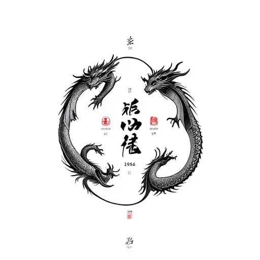THREE Chinese zodiac dragons around a circle with the years 1928,1964,2000 and in the middle the kanji for family tattoo design idea