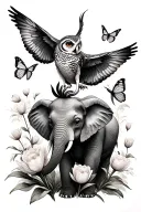 Elephants with tulips ,butterflies, and a owl flying  tattoo design idea