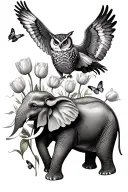Elephants with tulips ,butterflies, and a owl flying  tattoo design idea