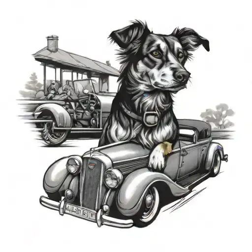 A portrait of a loyal dog sitting proudly in a classic car, representing your passion for both driving and your furry friend tattoo design idea