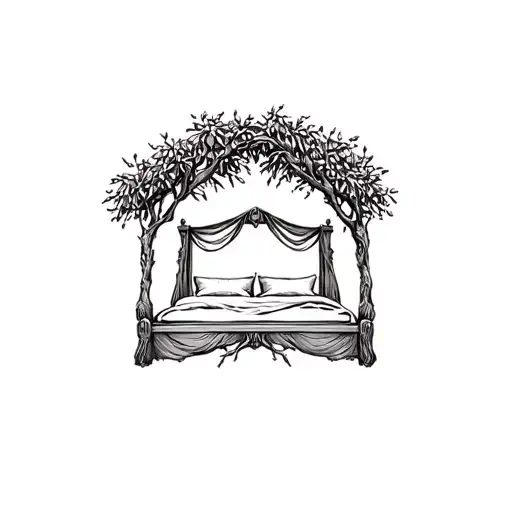 wedding bed carved into olive tree with roots tattoo design idea