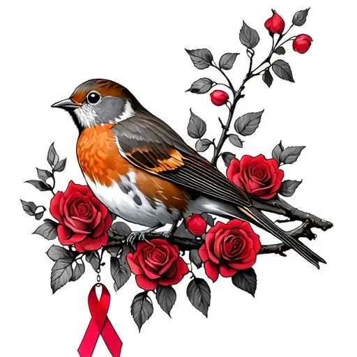 Robin sitting on branch surrounded by a lot of red roses with a cancer ribbon hanging off the end of the branch  tattoo design idea