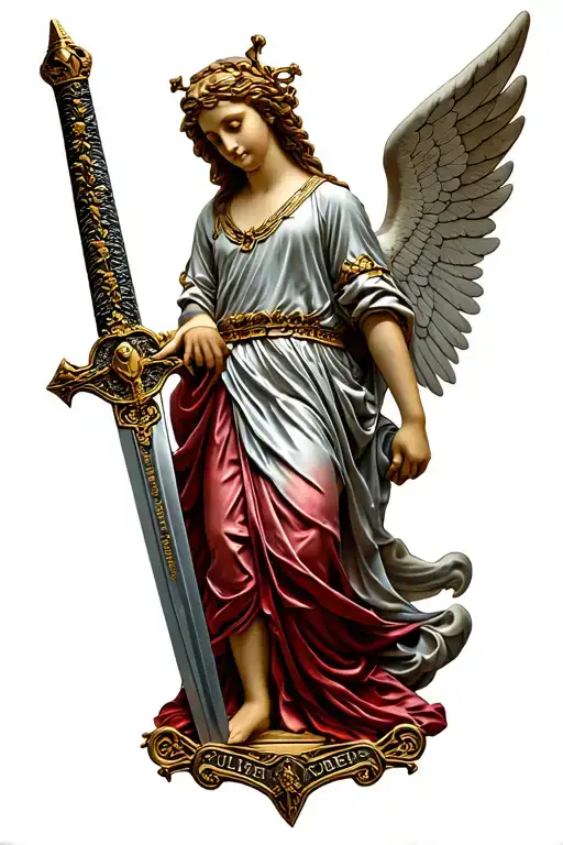 Sao Bento Grande Medal in the calf with angel with wings holding a sword with the two hands below tattoo design idea