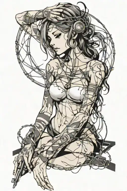 the goddess looks up with a blindfold on her eyes, her arms crossed on her chest, a halo of barbed wire above her head, she stands full face tattoo design idea