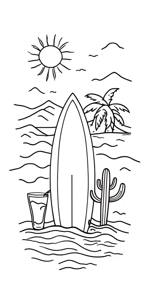 surfboard, palm trees, cactus tree, small wave, sun, beach, cold drink glass, mountain  tattoo design idea