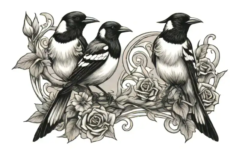 two magpies, newcastle, 1111 numbers, musical notes tattoo design idea