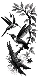 trees hummingbird dragon fly lightning bug creek tattoo design idea