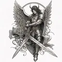 Warrior angel with a heavy metal inspired shield and sword, surrounded by gothic elements tattoo design idea