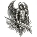 Warrior angel with a heavy metal inspired shield and sword, surrounded by gothic elements tattoo design idea