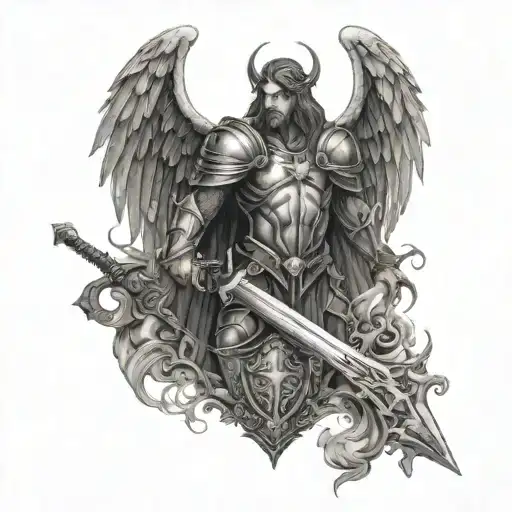 Warrior angel with a heavy metal inspired shield and sword, surrounded by gothic elements tattoo design idea