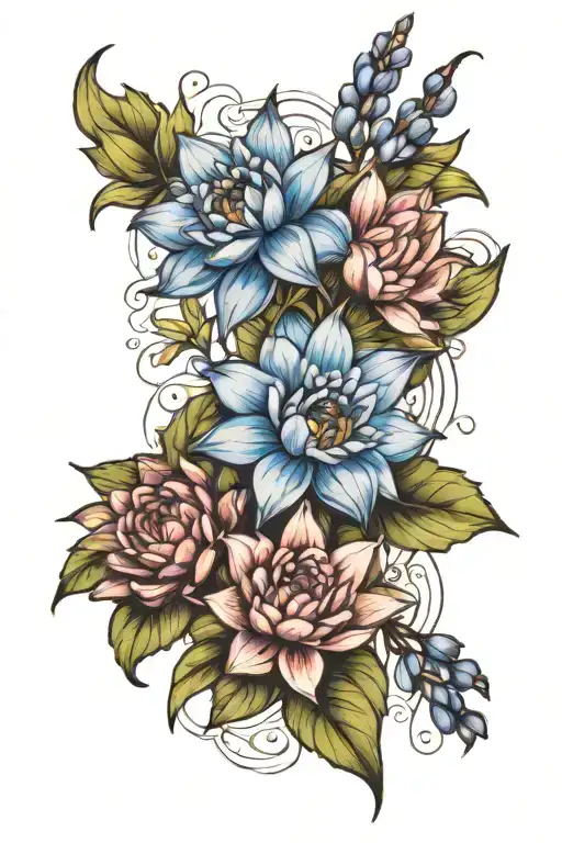 delphiniums and water lily together tattoo design idea