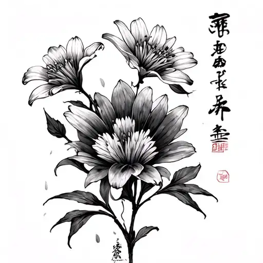 lycorys radiata flowers with a japanese kanji of "deat", "self-love" and "sadness" tattoo design idea