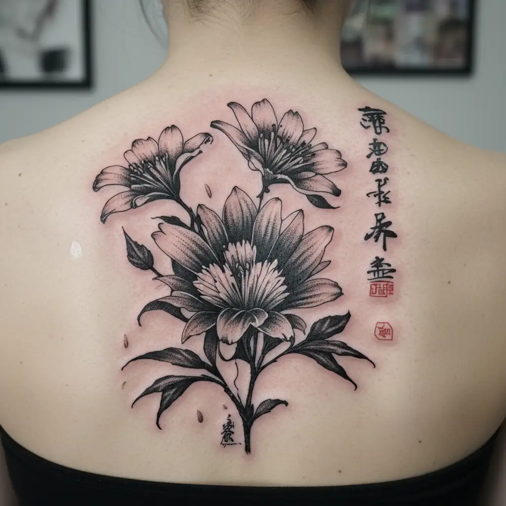 lycorys radiata flowers with a japanese kanji of "deat", "self-love" and "sadness" tattoo design idea