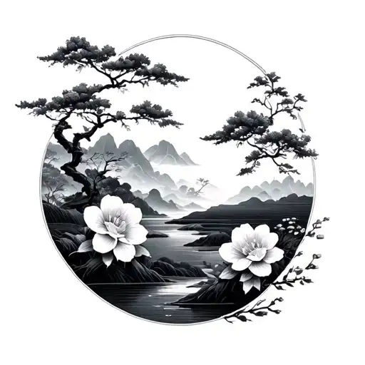 floral landscape japanese tattoo design idea