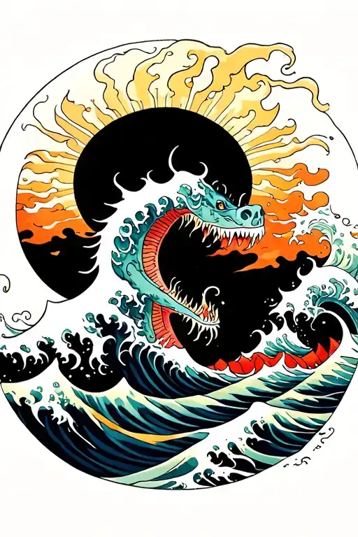 Ocean wave sea monsters colorful tattoo design idea