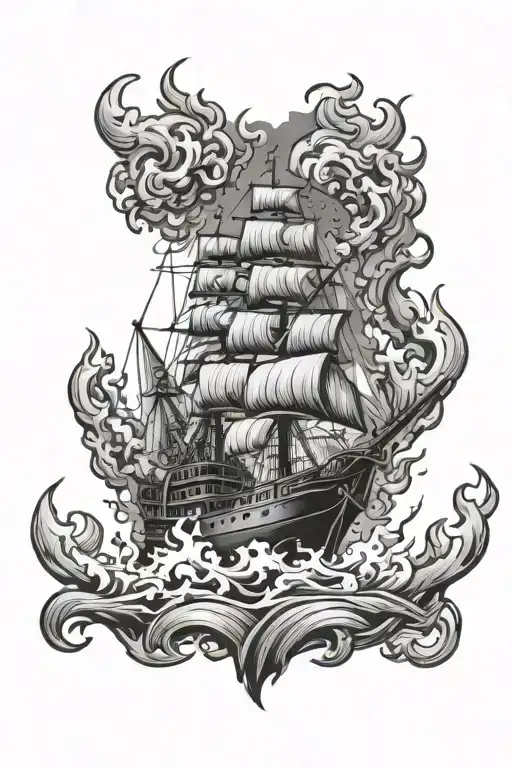 ship on fire with phoenix rising from the flames coming tattoo design idea