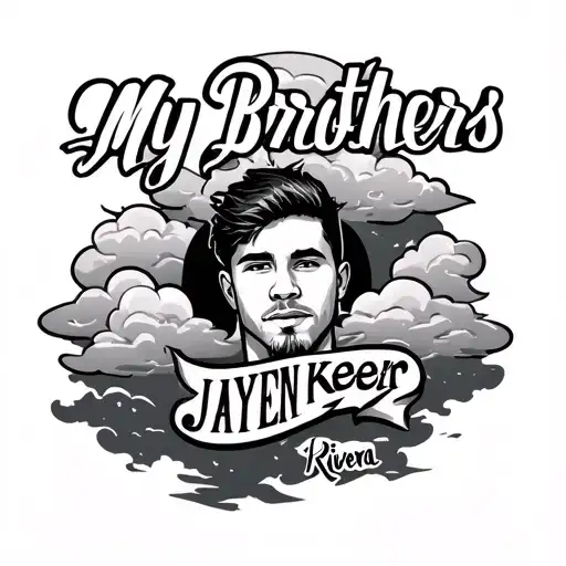 "My Brothers Keeper" with clouds in the background and his name "Jayden Rivera" tattoo design idea