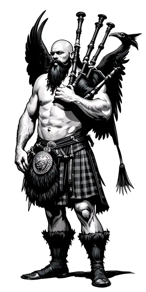  hairy shirtless bagpiper with big black wings muscular playing the bagpipes bald with  black beard a crow with claws  tattoo design idea