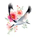 two cranes flying and flower tattoo design idea