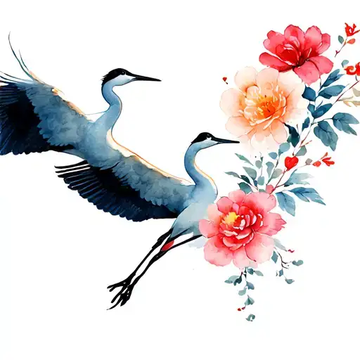 two cranes flying and flower tattoo design idea