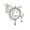 moon, wine glass, princess crown. circular design tattoo design idea
