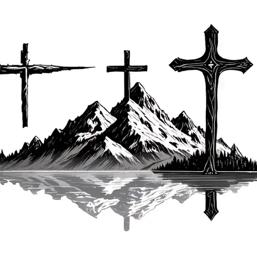 cross and mountains panorama tattoo design idea