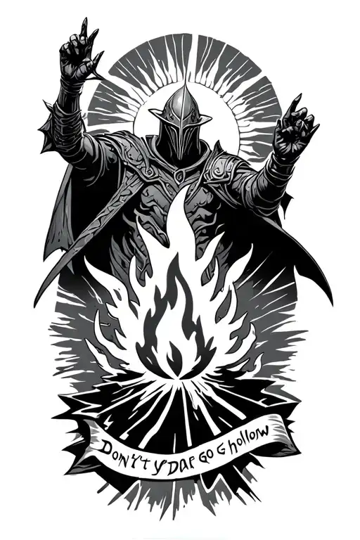 artorias dark souls with solaire of Astora praising the sun, a bonfire in the middle and "Don't you dare go hollow" tattoo design idea