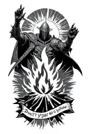 artorias dark souls with solaire of Astora praising the sun, a bonfire in the middle and "Don't you dare go hollow" tattoo design idea