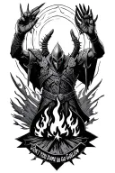 artorias dark souls with solaire of Astora praising the sun, a bonfire in the middle and "Don't you dare go hollow" tattoo design idea