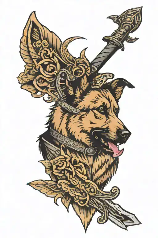 German Shepherd with valkyrie sword tattoo design idea