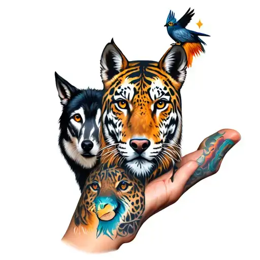 A full-hand tattoo for the right hand depicting animals such as a horse, leopard, tiger, wolf, owl, dog, crow, and husky tattoo design idea