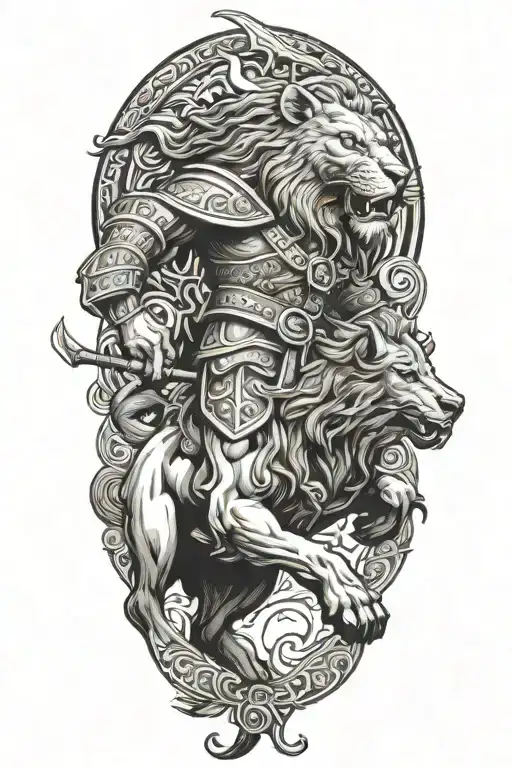 Viking warrior riding lion tattoo design idea