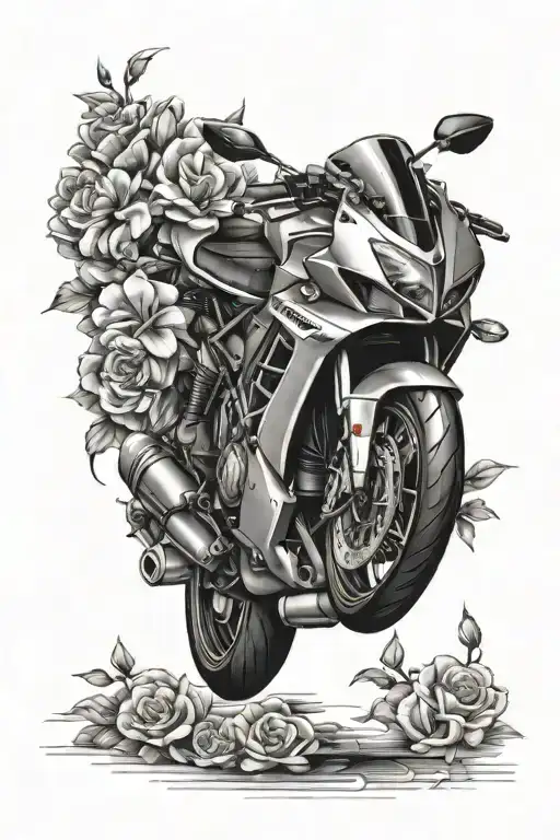 sportbike and flowers tattoo design idea