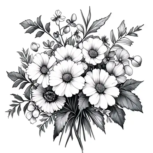 bundle of flowers carnation, snowdrop, violets, primrose, daisy, sweet pea, holly and narcissus tattoo design idea
