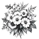 bundle of flowers carnation, snowdrop, violets, primrose, daisy, sweet pea, holly and narcissus tattoo design idea