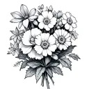 bundle of flowers carnation, snowdrop, violets, primrose, daisy, sweet pea, holly and narcissus tattoo design idea