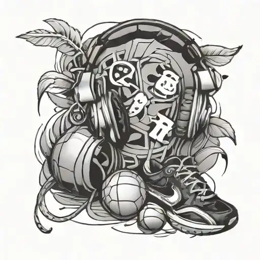 A tattoo of favorite objects like headphones and basketballs in a sleek black-grey style tattoo design idea