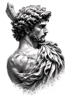 Create a fine line black ink tattoo design for the upper back. The scene depicts a young Zeus in an intense, mythologica tattoo design idea