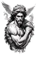 Create a fine line black ink tattoo design for the upper back. The scene depicts a young Zeus in an intense, mythologica tattoo design idea