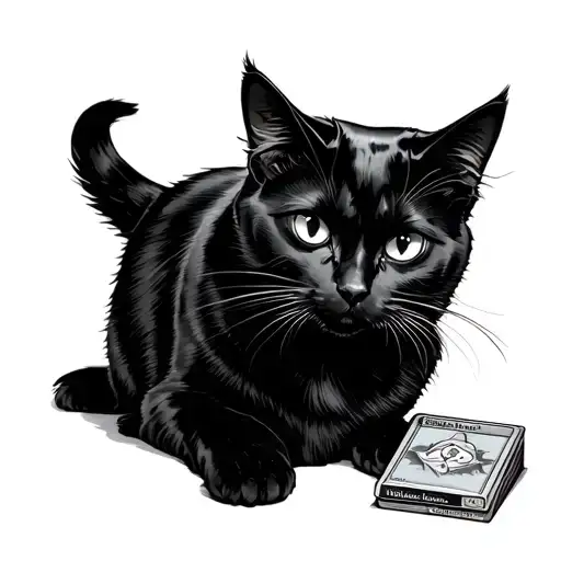 black cat sitting next to a deck of Magic the Gathering cards tattoo design idea