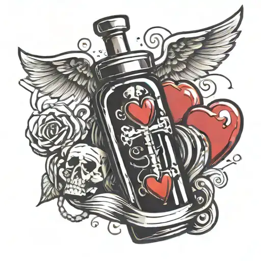 gravestone above a syringe connected to heart tattoo design idea